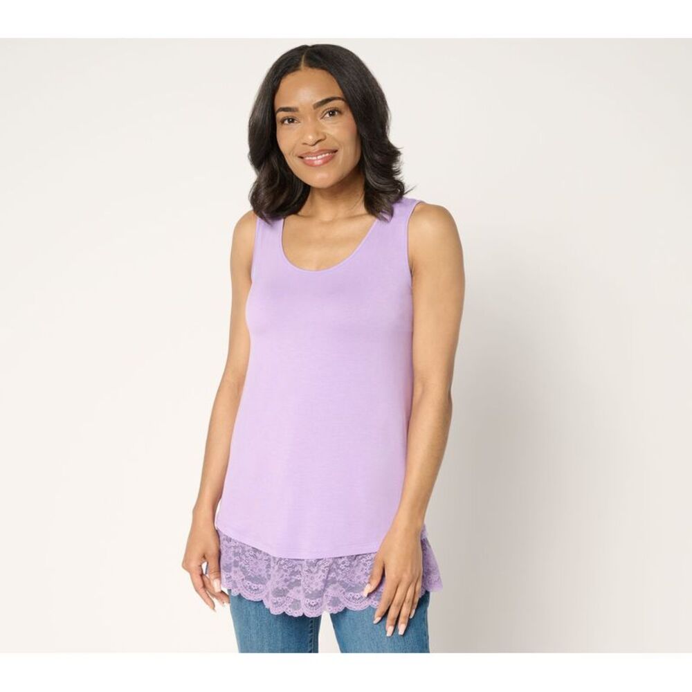 Fashion Women's Top Sz L Knit Tank Embroidered Mesh Hem Purple